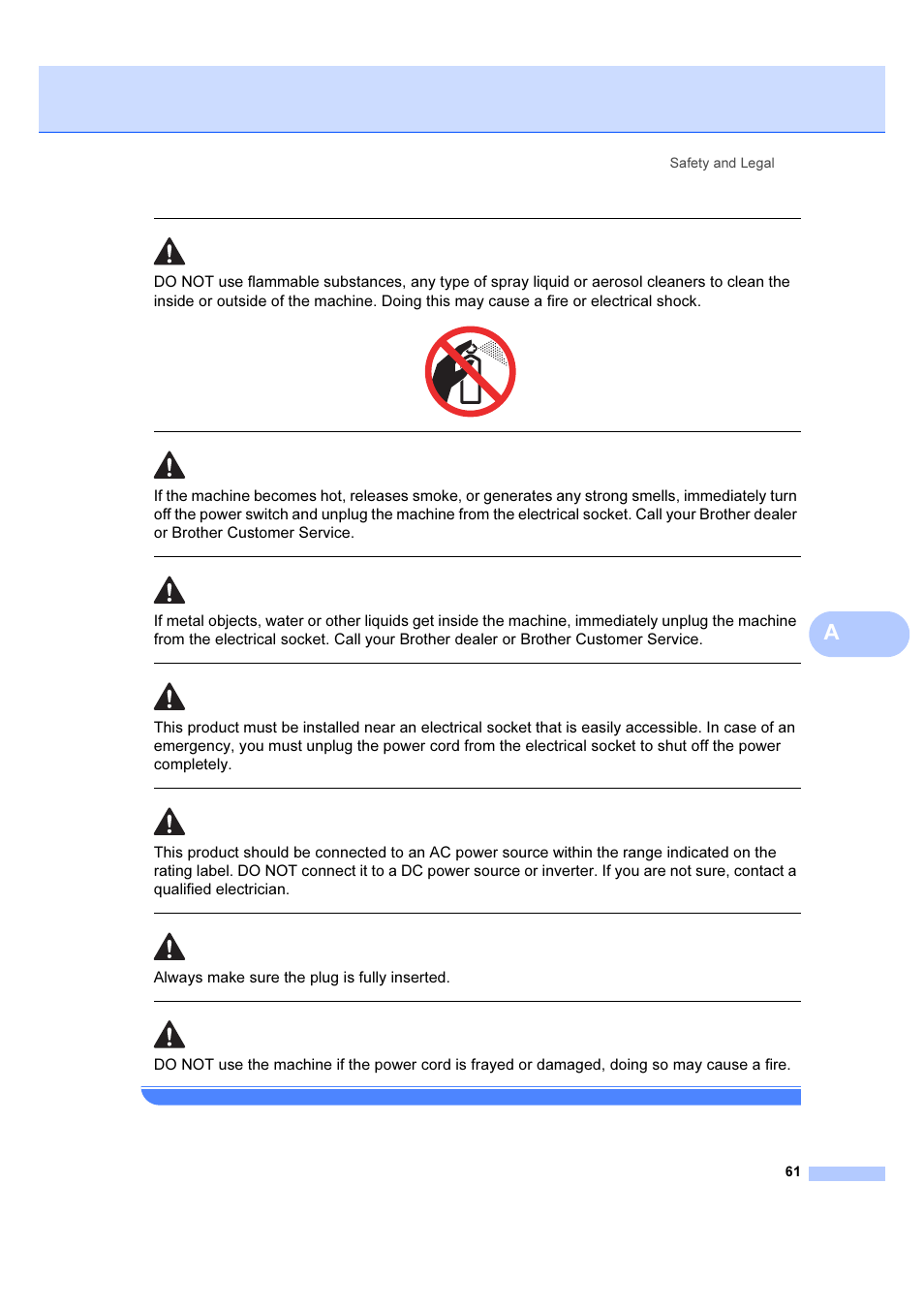 Always make sure the plug is fully inserted, Safety and legal 61 | Brother DCP-385C User Manual | Page 67 / 122