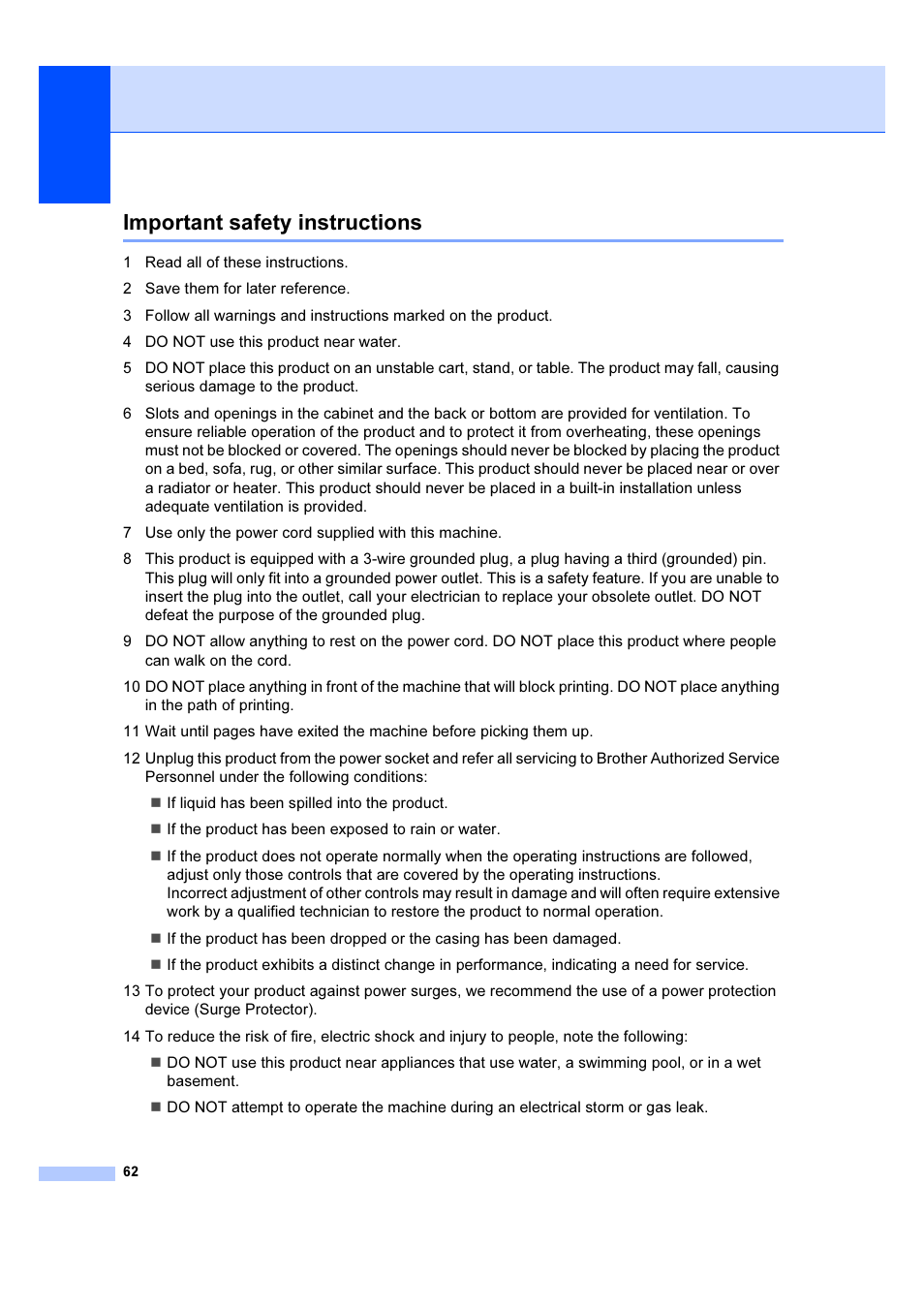 Important safety instructions | Brother DCP-385C User Manual | Page 68 / 122