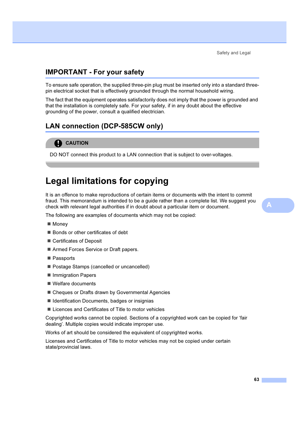 Important - for your safety, Lan connection (dcp-585cw only), Legal limitations for copying | Aimportant - for your safety | Brother DCP-385C User Manual | Page 69 / 122