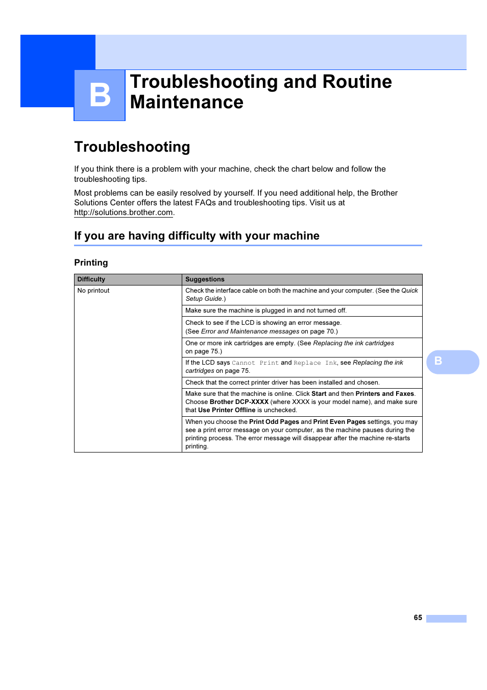 B troubleshooting and routine maintenance, Troubleshooting, If you are having difficulty with your machine | Troubleshooting and routine maintenance | Brother DCP-385C User Manual | Page 71 / 122