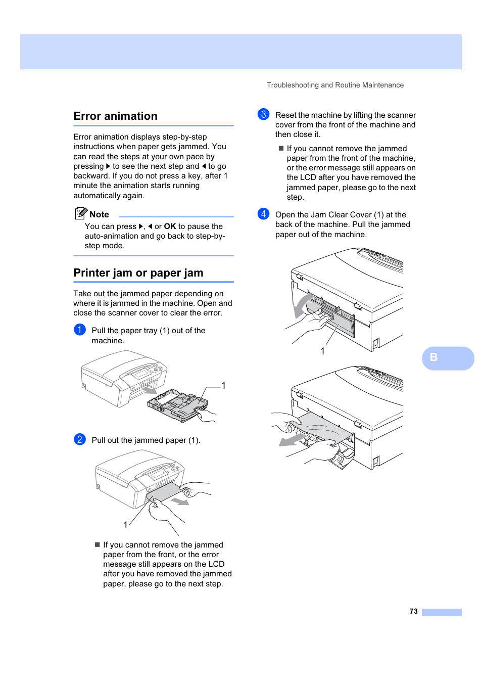 Error animation, Printer jam or paper jam, Error animation printer jam or paper jam | Berror animation | Brother DCP-385C User Manual | Page 79 / 122