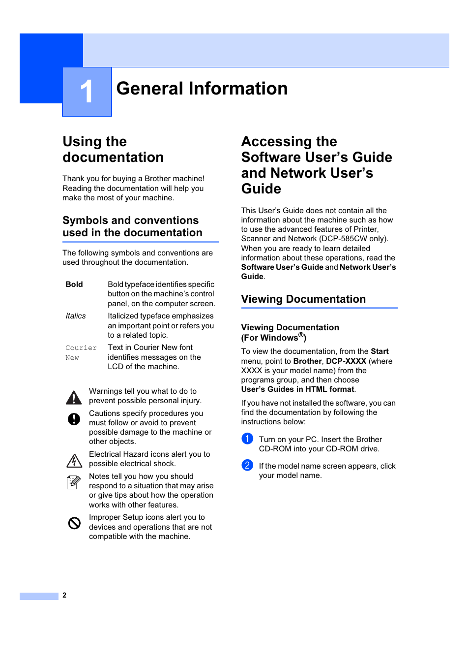 1 general information, Using the documentation, Symbols and conventions used in the documentation | Viewing documentation, General information | Brother DCP-385C User Manual | Page 8 / 122