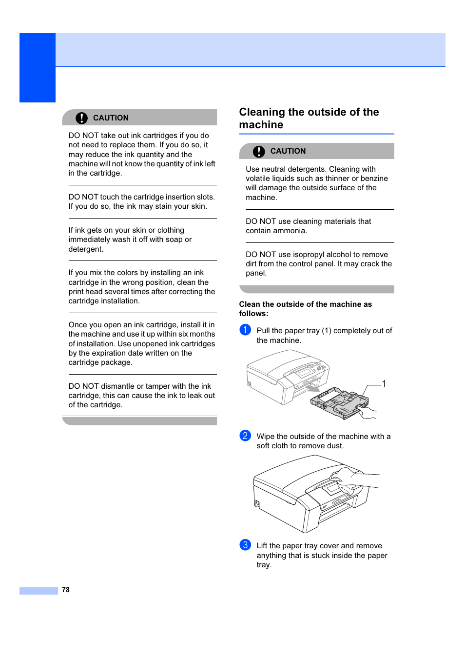 Cleaning the outside of the machine, Caution, Do not use cleaning materials that contain ammonia | Clean the outside of the machine as follows | Brother DCP-385C User Manual | Page 84 / 122