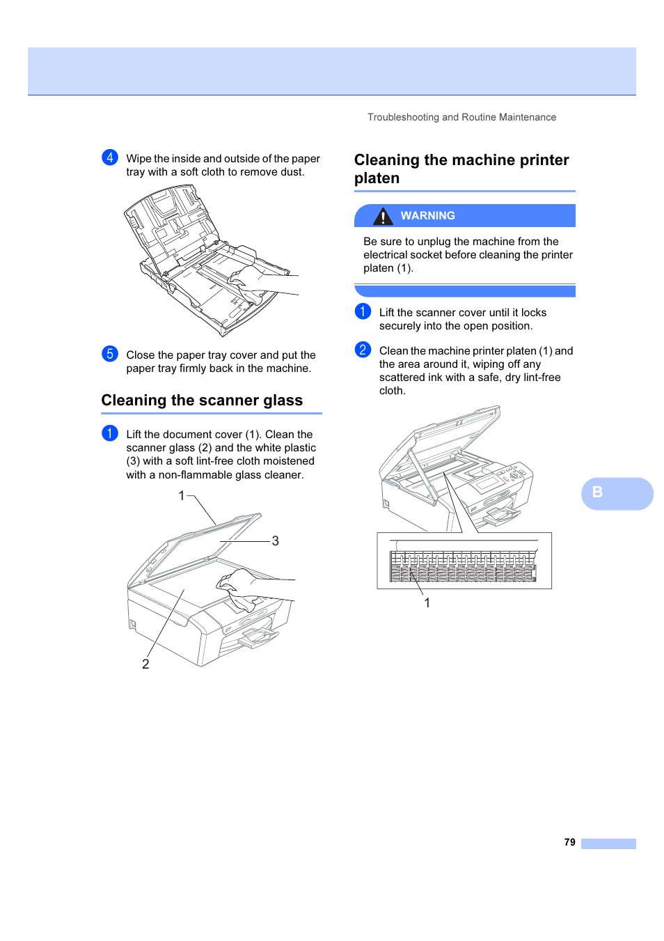 Cleaning the scanner glass, Cleaning the machine printer platen | Brother DCP-385C User Manual | Page 85 / 122