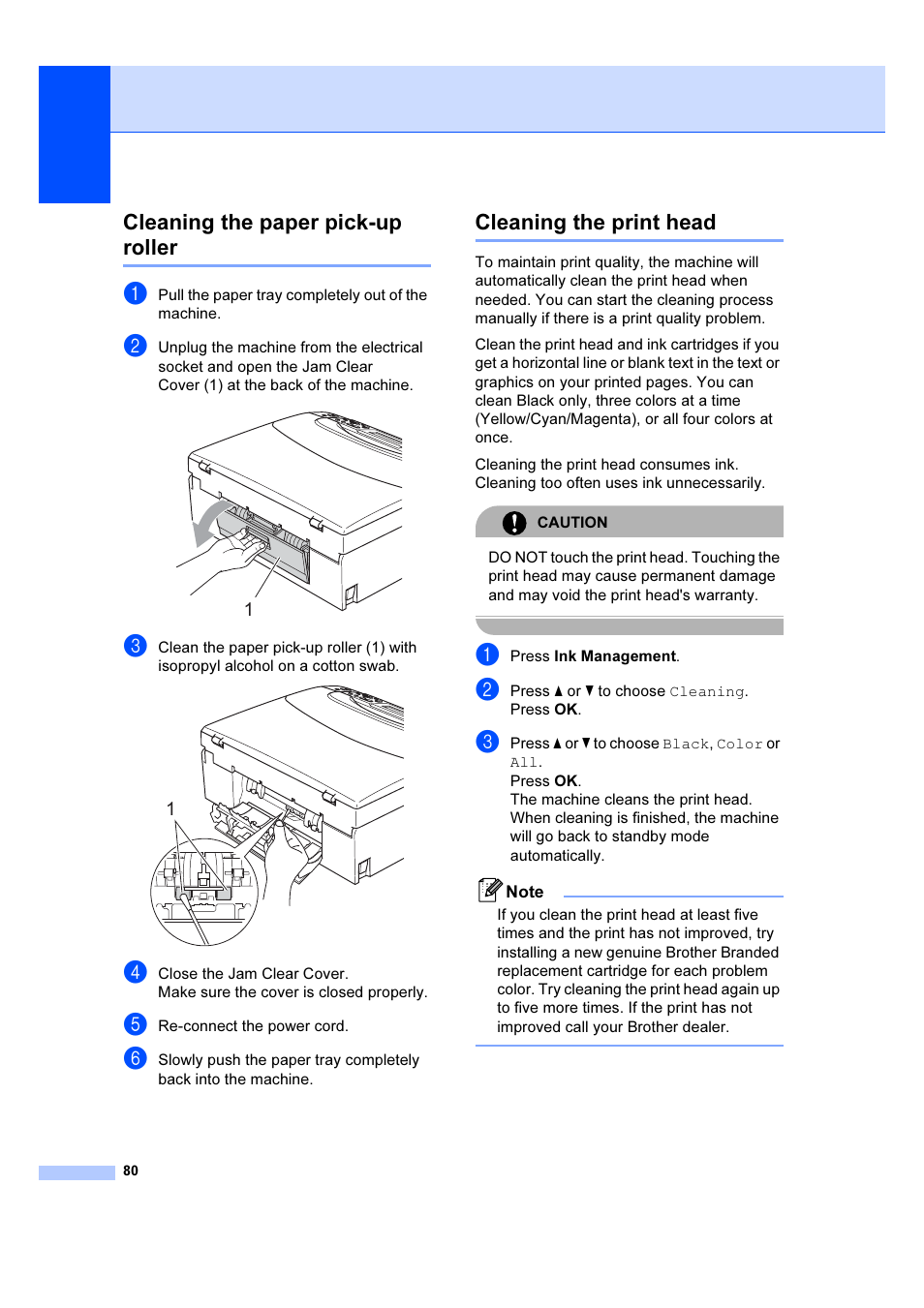 Cleaning the paper pick-up roller, Cleaning the print head | Brother DCP-385C User Manual | Page 86 / 122