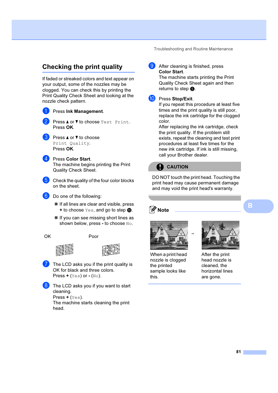 Checking the print quality, Bchecking the print quality | Brother DCP-385C User Manual | Page 87 / 122