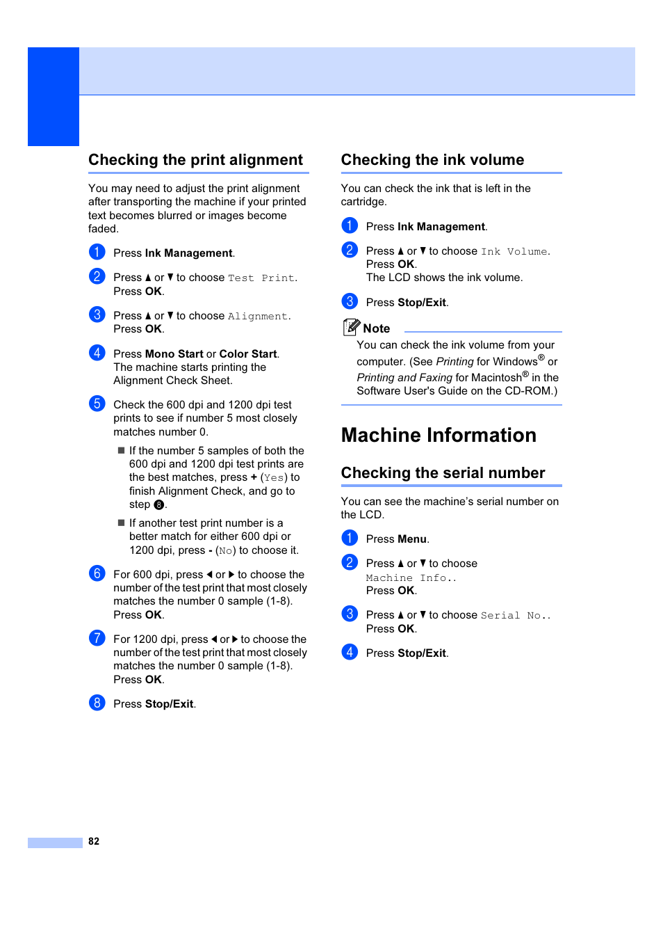 Checking the print alignment, Checking the ink volume, Machine information | Checking the serial number | Brother DCP-385C User Manual | Page 88 / 122