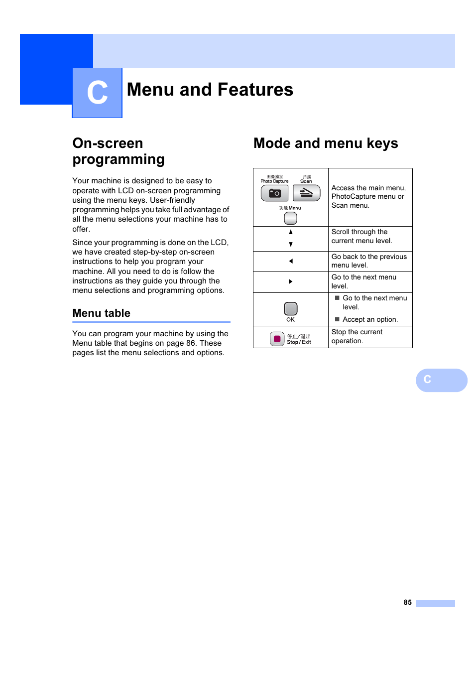 C menu and features, On-screen programming, Menu table | Mode and menu keys, Menu and features | Brother DCP-385C User Manual | Page 91 / 122