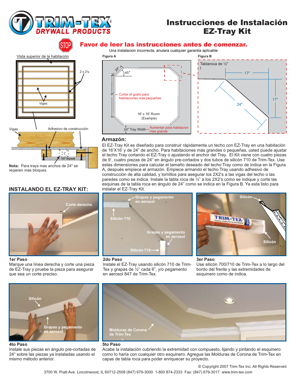 Instrucciones de instalación ez-tray kit, Favor de leer las instrucciones antes de comenzar, Instalando el ez-tray kit: armazón | Trim-Tex EZ-Tray Kit User Manual | Page 2 / 2