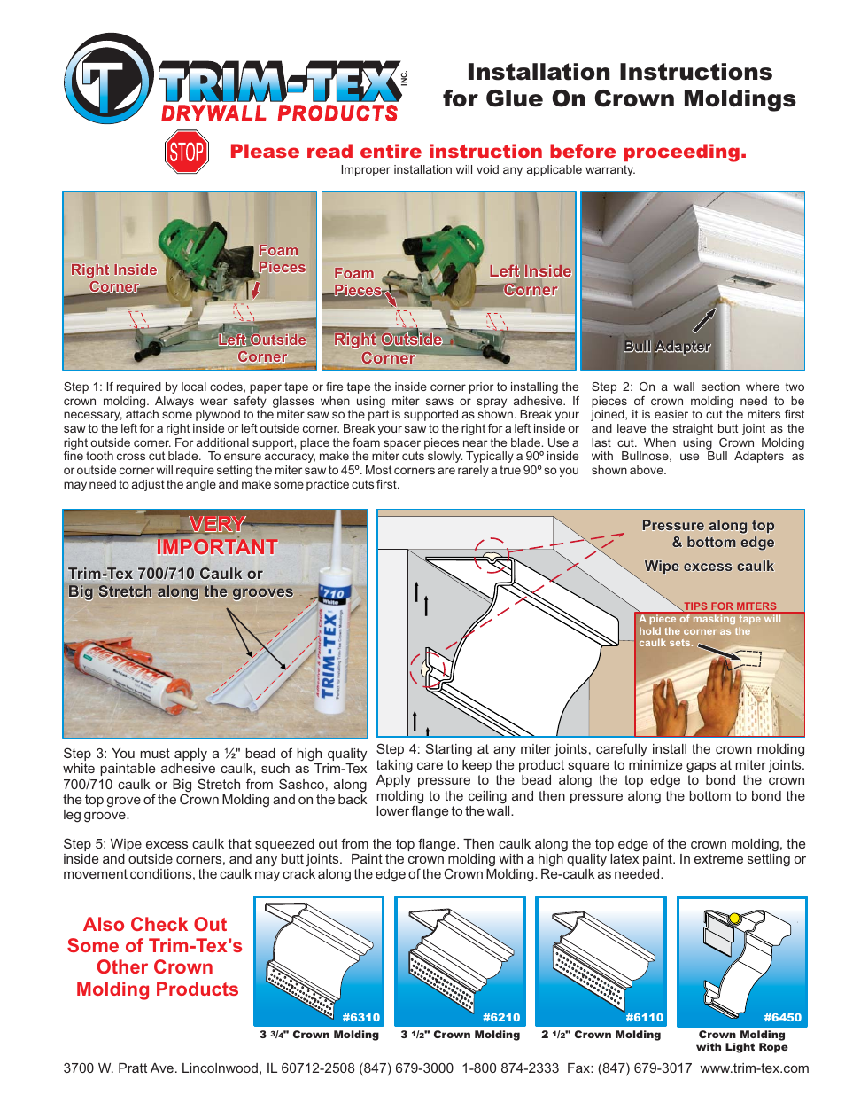 Trim-Tex Glue On Crown Molding User Manual | 2 pages