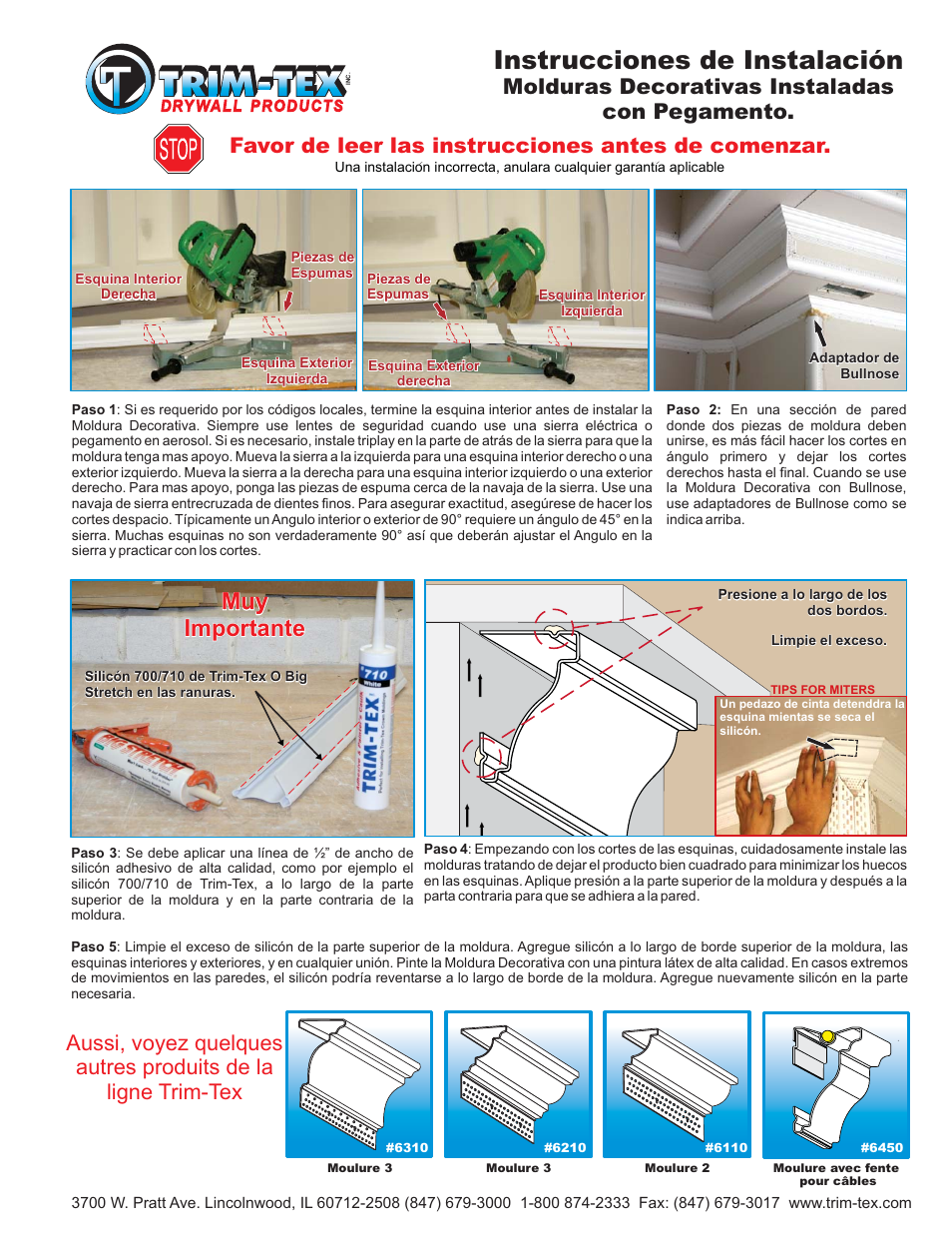 Instrucciones de instalación, Muy importante muy importante, Molduras decorativas instaladas con pegamento | Favor de leer las instrucciones antes de comenzar | Trim-Tex Glue On Crown Molding User Manual | Page 2 / 2