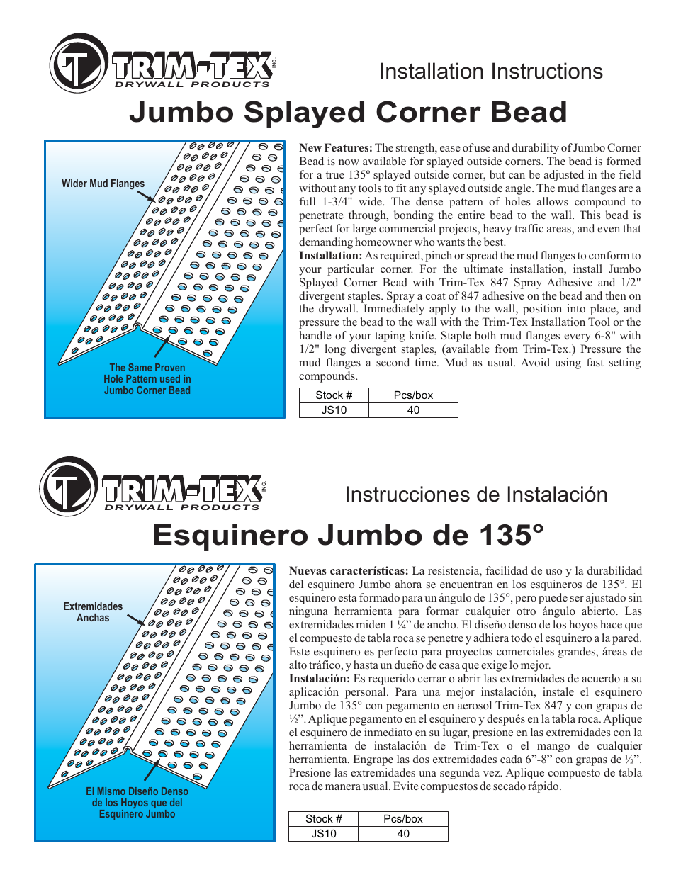 Trim-Tex Jumbo Splayed Corner Bead User Manual | 1 page