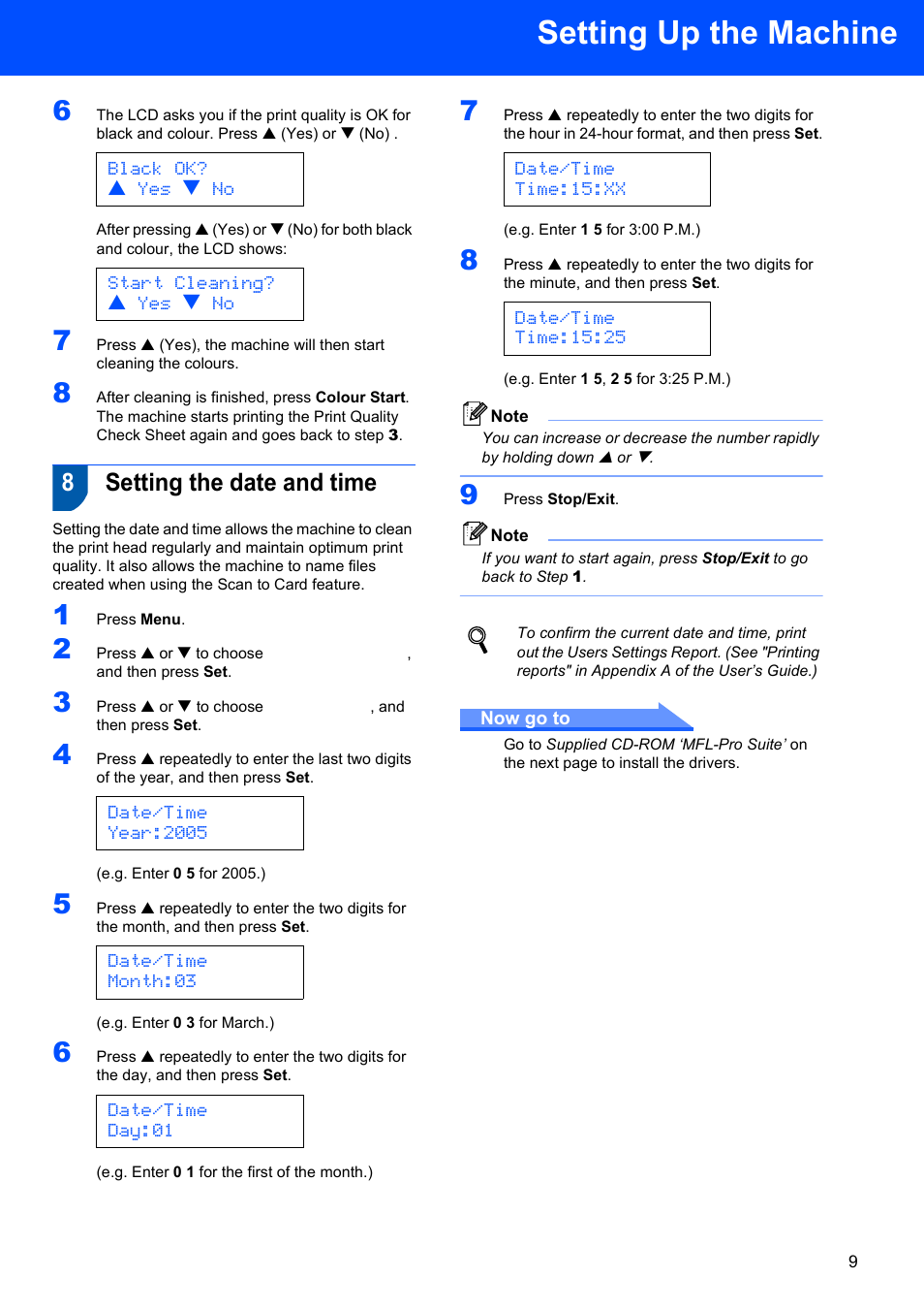 8 setting the date and time, Setting the date and time, Setting up the machine | 8setting the date and time, Black ok? a yes b no, Start cleaning? a yes b no, Date/time year:2005, Date/time month:03, Date/time day:01, Date/time time:15:xx | Brother DCP-340CW User Manual | Page 11 / 43