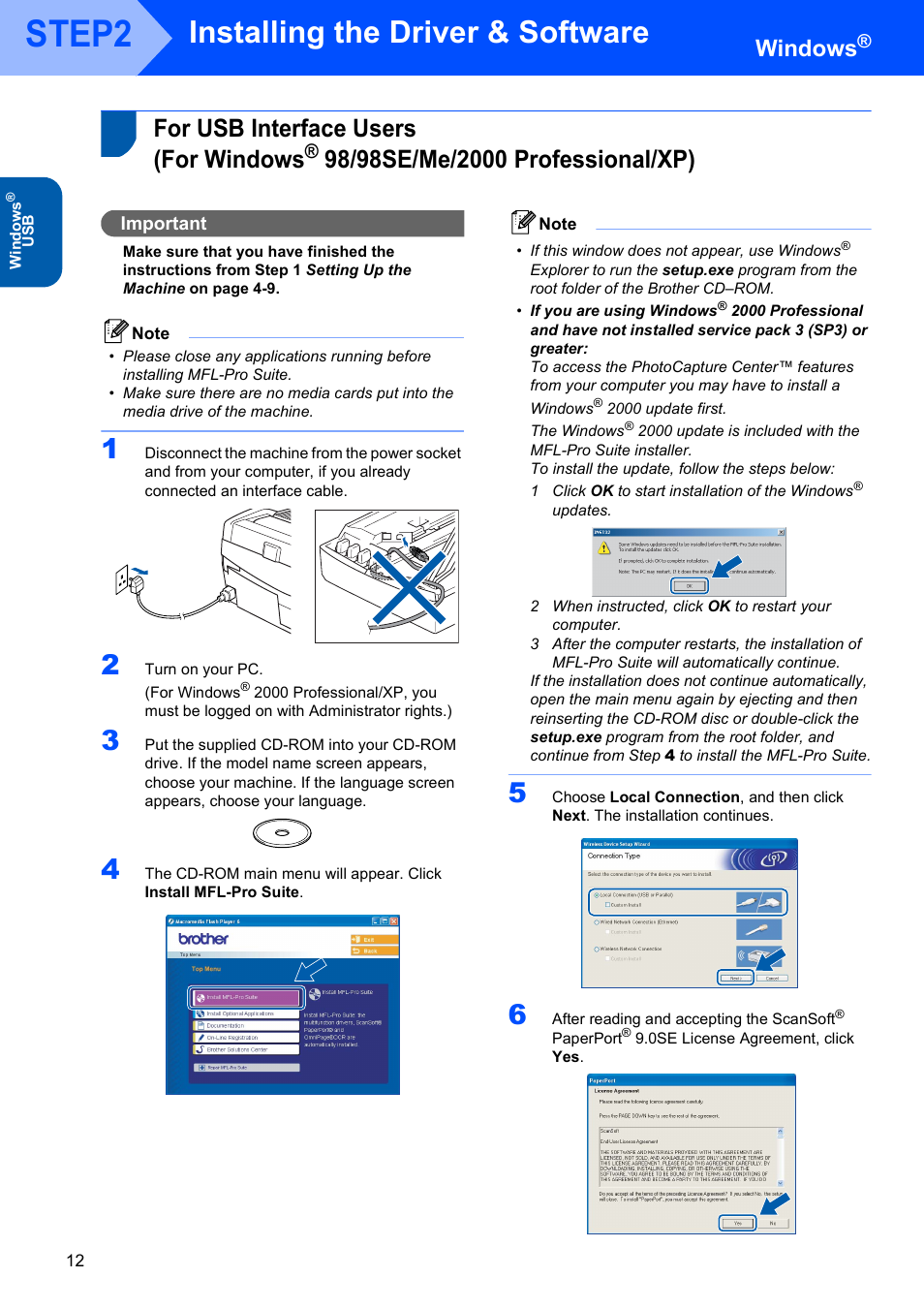 Windows, For usb interface users (for windows, 98/98se/me/2000 professional/xp) | Usb interface users, For windows, Step2, Installing the driver & software, Important | Brother DCP-340CW User Manual | Page 14 / 43