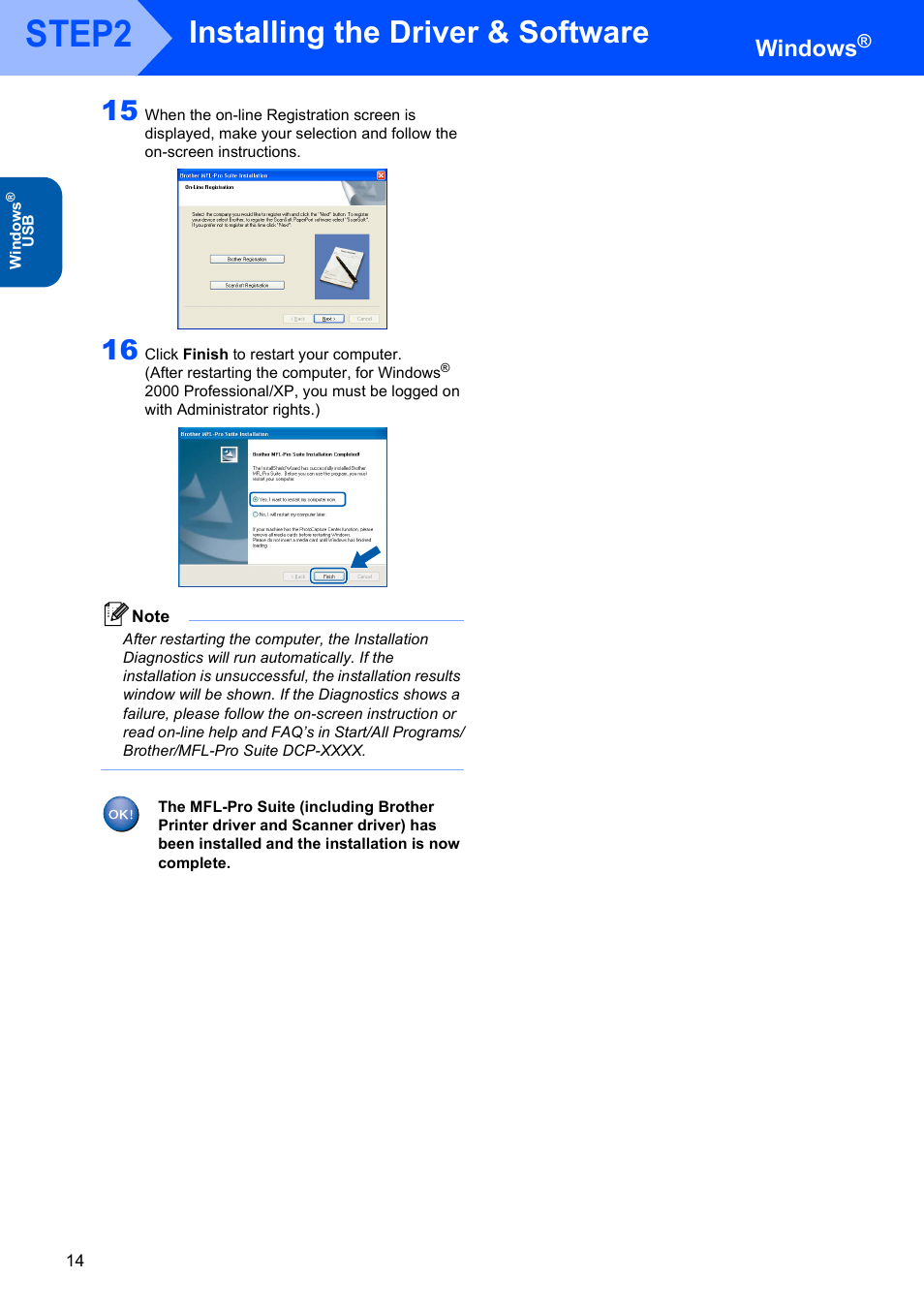 Step2, Installing the driver & software, Windows | Brother DCP-340CW User Manual | Page 16 / 43