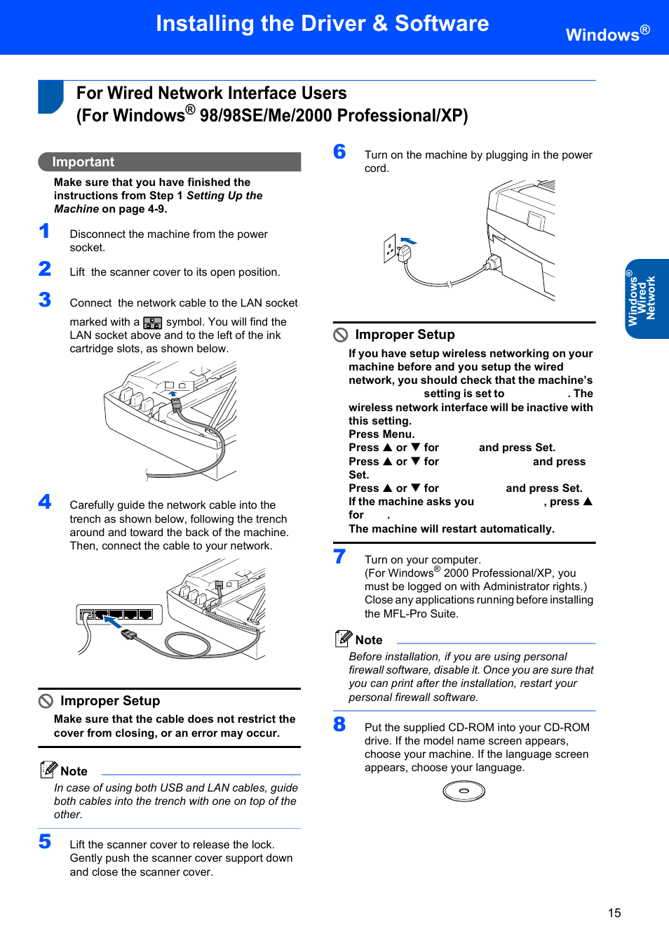 For wired network interface users (for windows, 98/98se/me/2000 professional/xp), For wired network interface users | For windows, Installing the driver & software, Windows | Brother DCP-340CW User Manual | Page 17 / 43