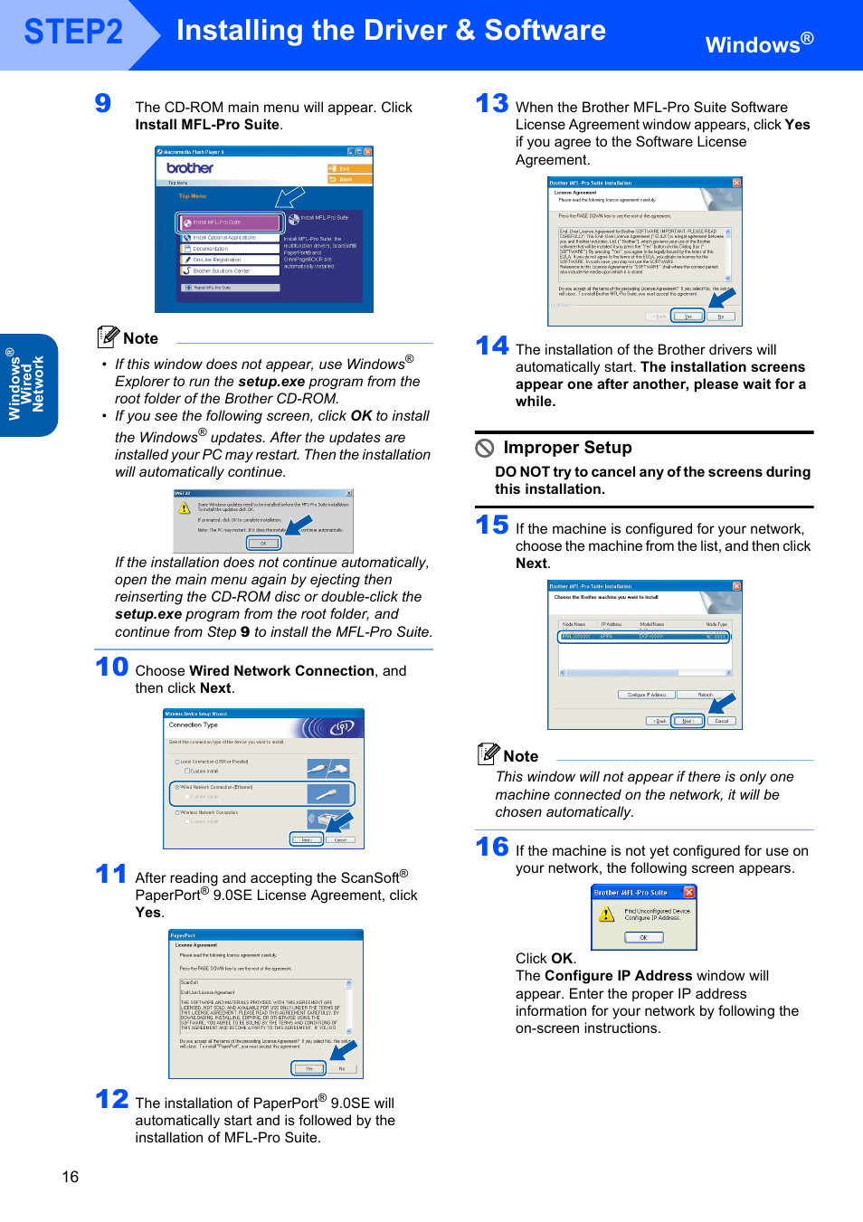 Step2, Installing the driver & software, Windows | Improper setup | Brother DCP-340CW User Manual | Page 18 / 43