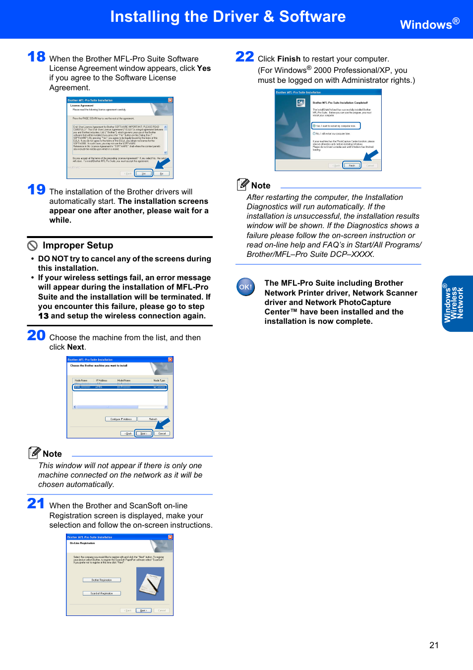 Installing the driver & software, Windows, Improper setup | Brother DCP-340CW User Manual | Page 23 / 43