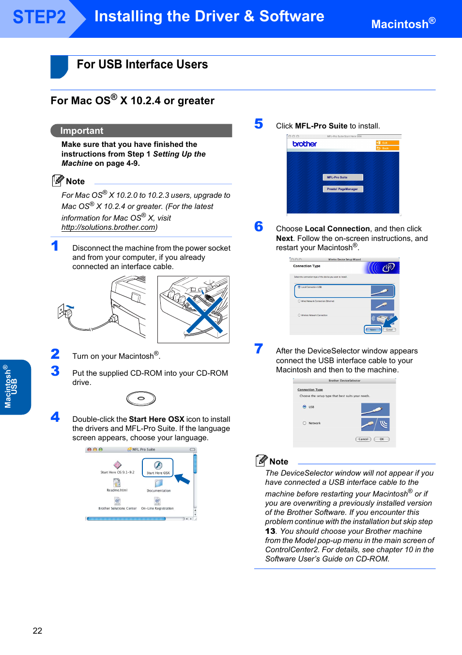 Macintosh, For usb interface users, For mac os® x 10.2.4 or greater | For mac os, X 10.2.4 or greater, Step2, Installing the driver & software | Brother DCP-340CW User Manual | Page 24 / 43