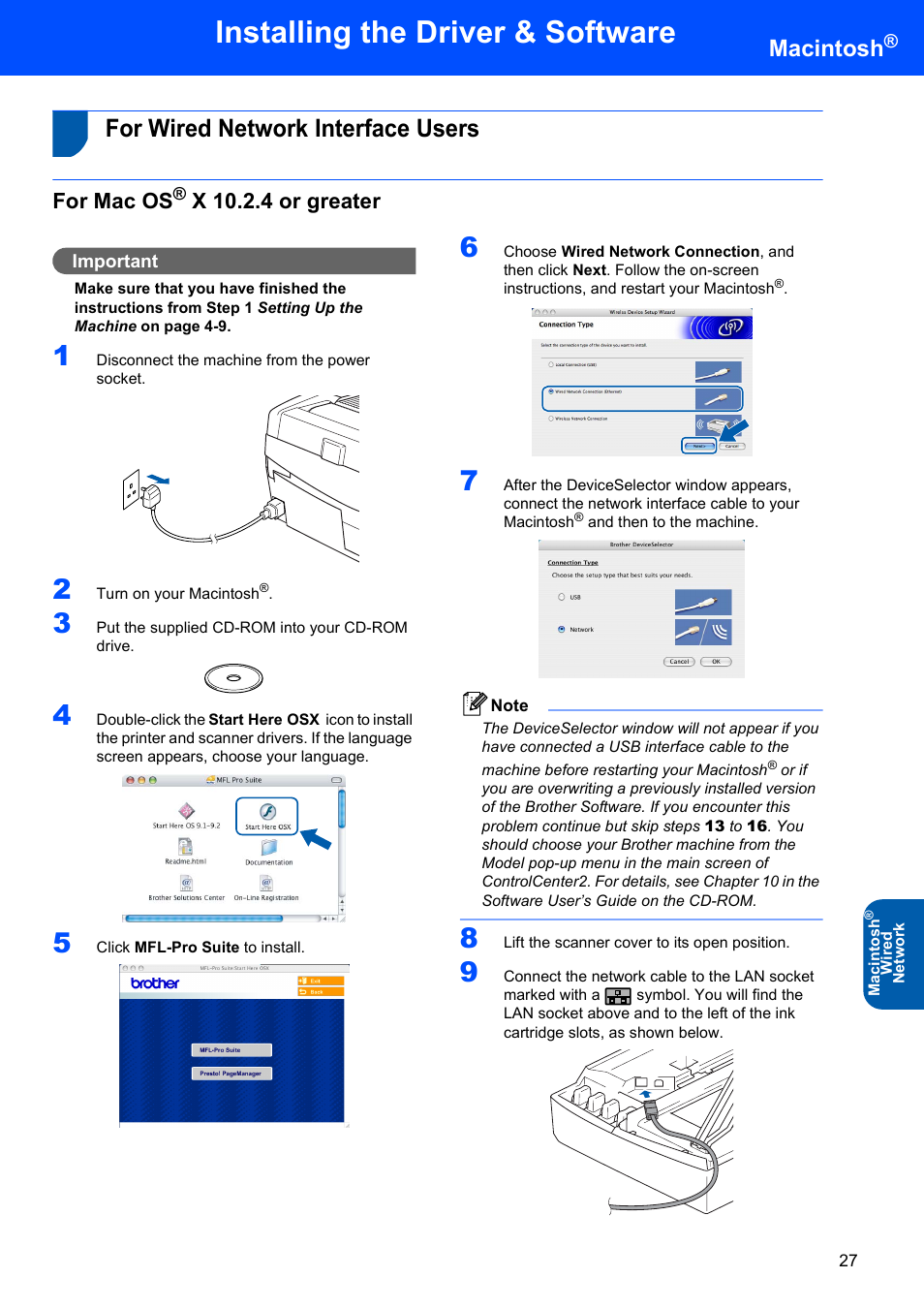 For wired network interface users, For mac os® x 10.2.4 or greater, For mac os | X 10.2.4 or greater, Installing the driver & software, Macintosh | Brother DCP-340CW User Manual | Page 29 / 43