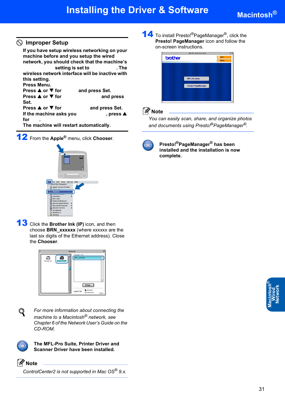 Installing the driver & software, Macintosh, Improper setup | Brother DCP-340CW User Manual | Page 33 / 43