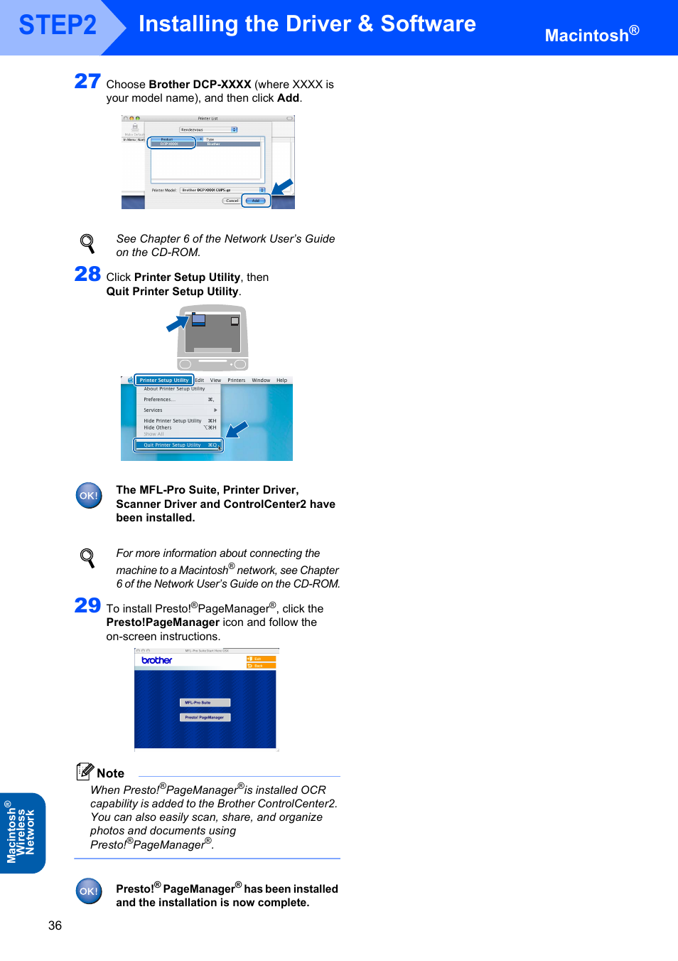 Step2, Installing the driver & software, Macintosh | Brother DCP-340CW User Manual | Page 38 / 43