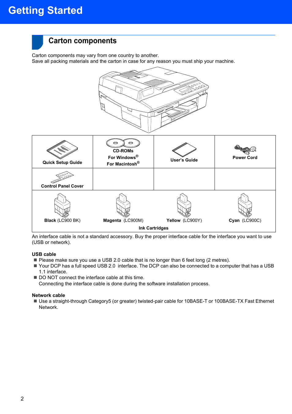 Getting started, Carton components | Brother DCP-340CW User Manual | Page 4 / 43