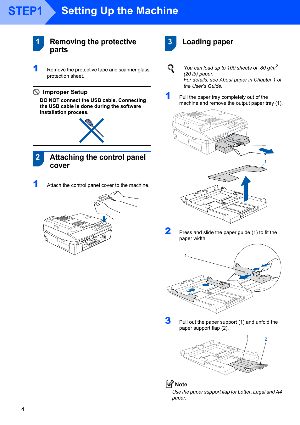 Step1 setting up the machine, 1 removing the protective parts, 2 attaching the control panel cover | 3 loading paper, Step1, Setting up the machine, 1removing the protective parts, 2attaching the control panel cover, 3loading paper | Brother DCP-340CW User Manual | Page 6 / 43