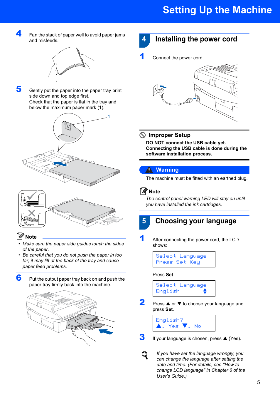 4 installing the power cord, 5 choosing your language, Installing the power cord choosing your language | Setting up the machine, 4installing the power cord, 5choosing your language, Select language press set key, Select language english e, English? a. yes b. no, Improper setup | Brother DCP-340CW User Manual | Page 7 / 43