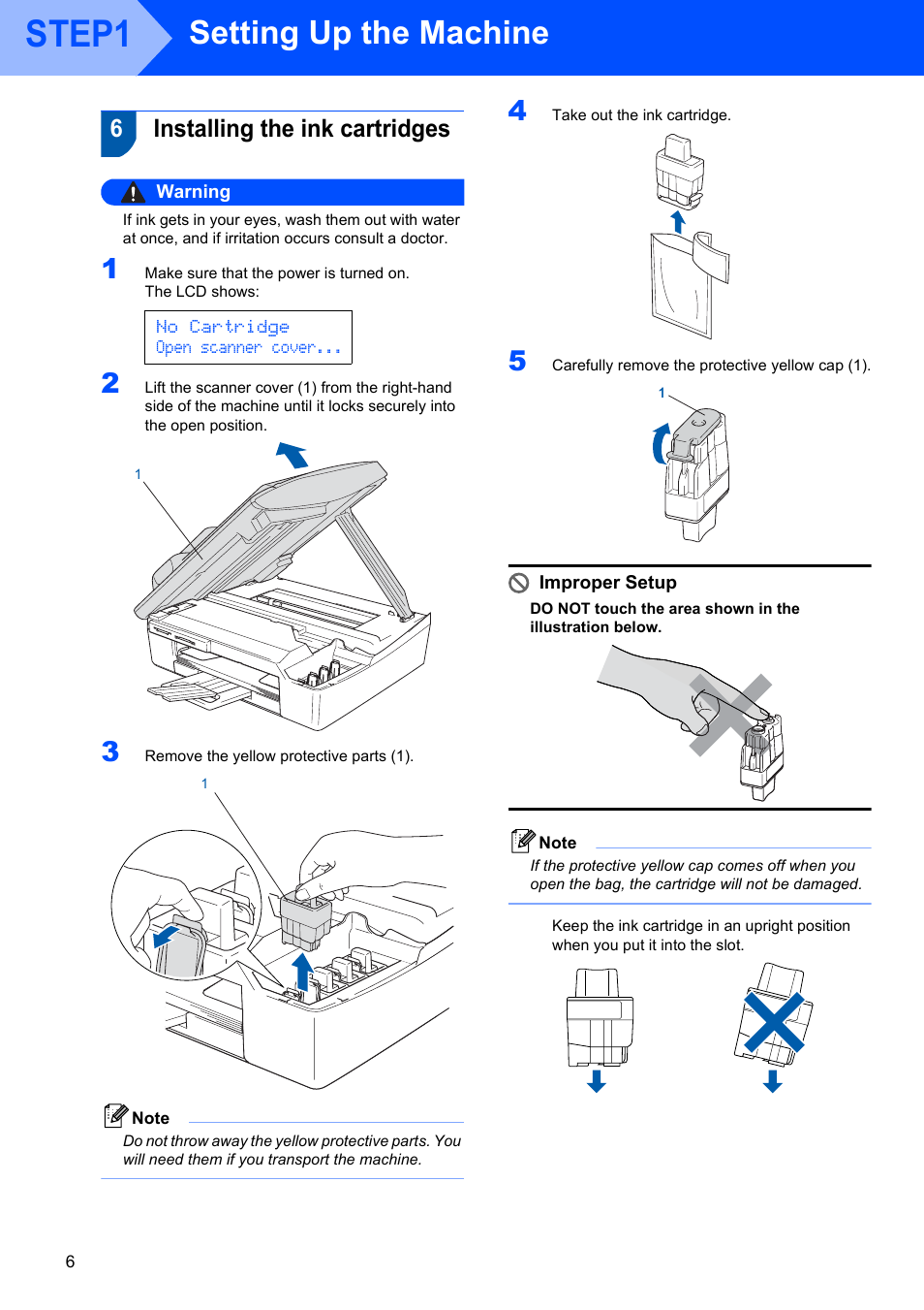 6 installing the ink cartridges, Installing the ink cartridges, Step1 | Setting up the machine, 6installing the ink cartridges, No cartridge open scanner cover | Brother DCP-340CW User Manual | Page 8 / 43