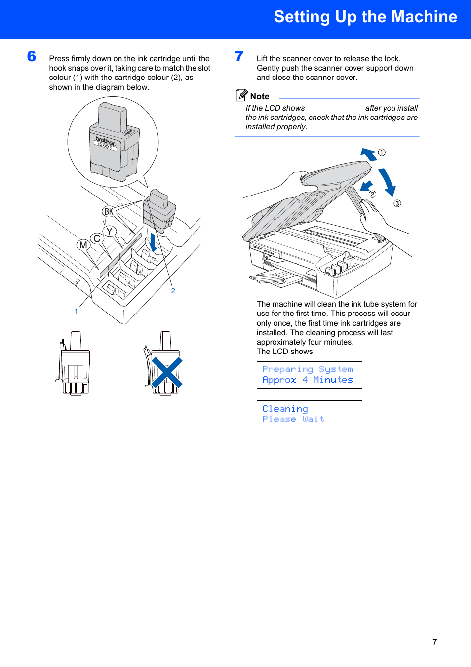 Setting up the machine, Preparing system approx 4 minutes, Cleaning please wait | Brother DCP-340CW User Manual | Page 9 / 43