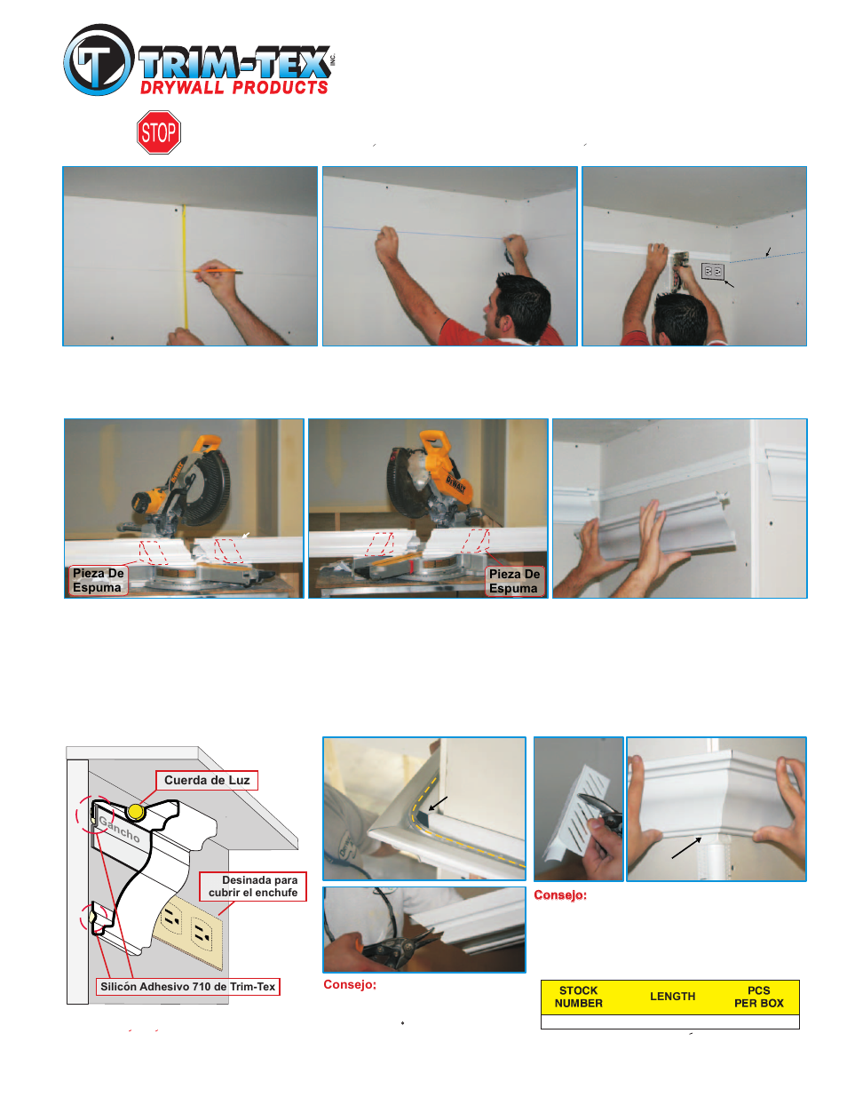 Instrucciones de instalación, Moldura decorativa con canal para cuerda de luz, Favor de leer las instrucciones antes de comenzar | Trim-Tex Light Up Crown Molding User Manual | Page 2 / 2