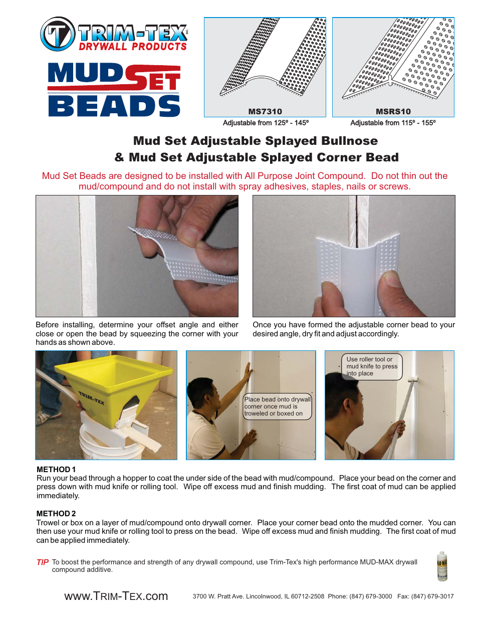 Trim-Tex Mud Set Adjustable Beads User Manual | 2 pages