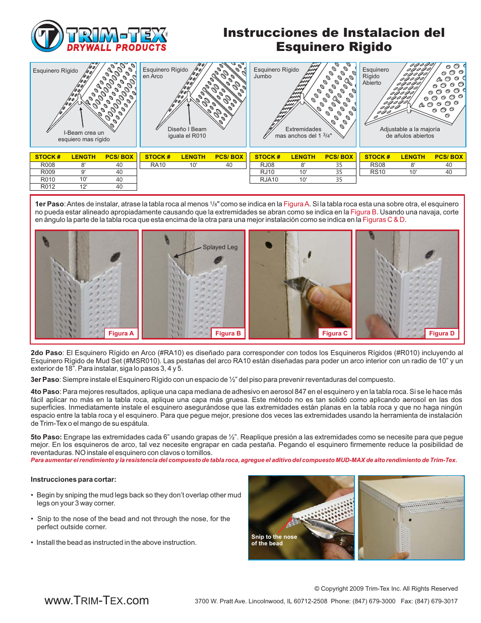 Instrucciones de instalacion del esquinero rigido, Rim ex | Trim-Tex Rigid Corner Bead User Manual | Page 2 / 2