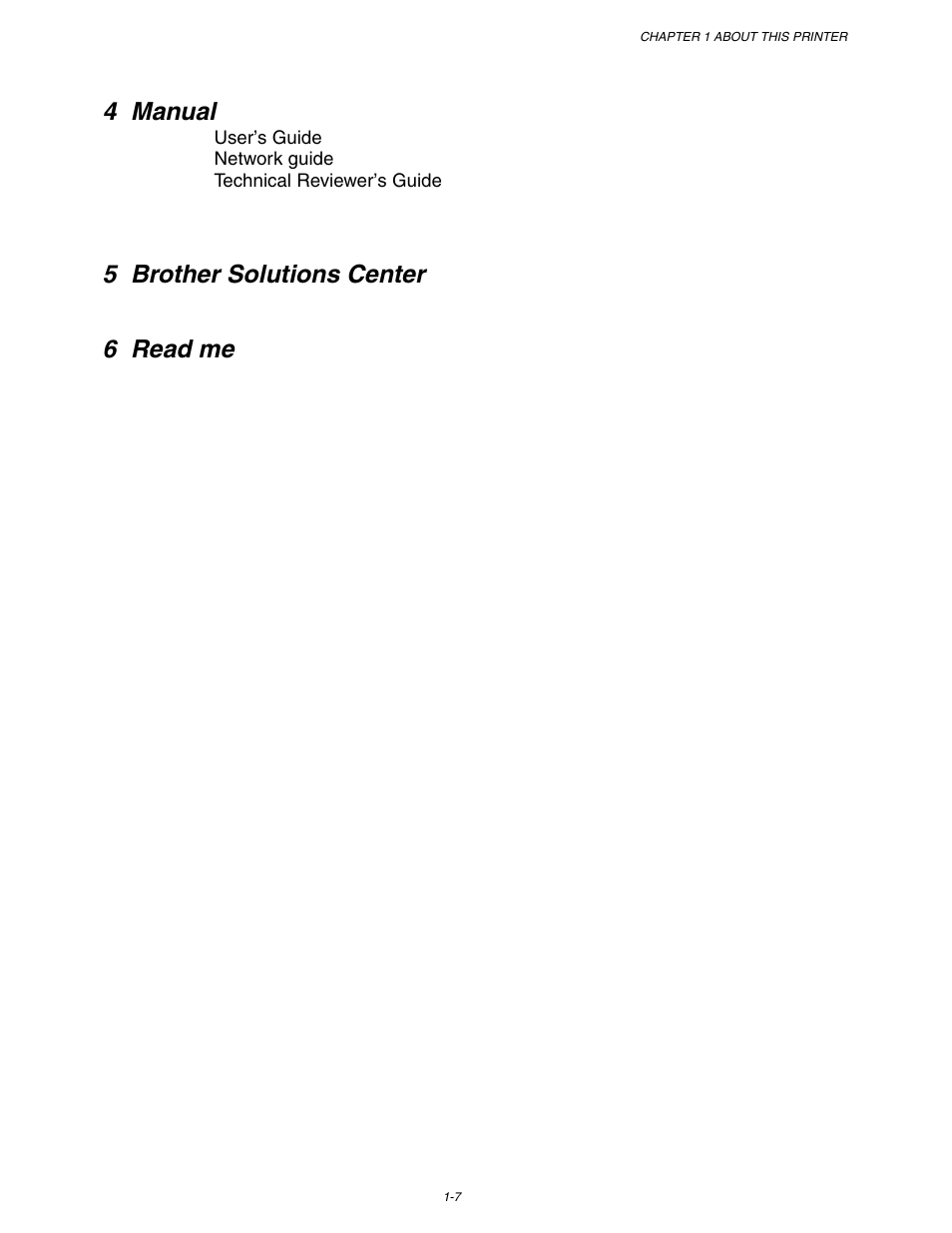 4 manual, 5 brother solutions center 6 read me | Brother HL-1650/1670N User Manual | Page 17 / 235