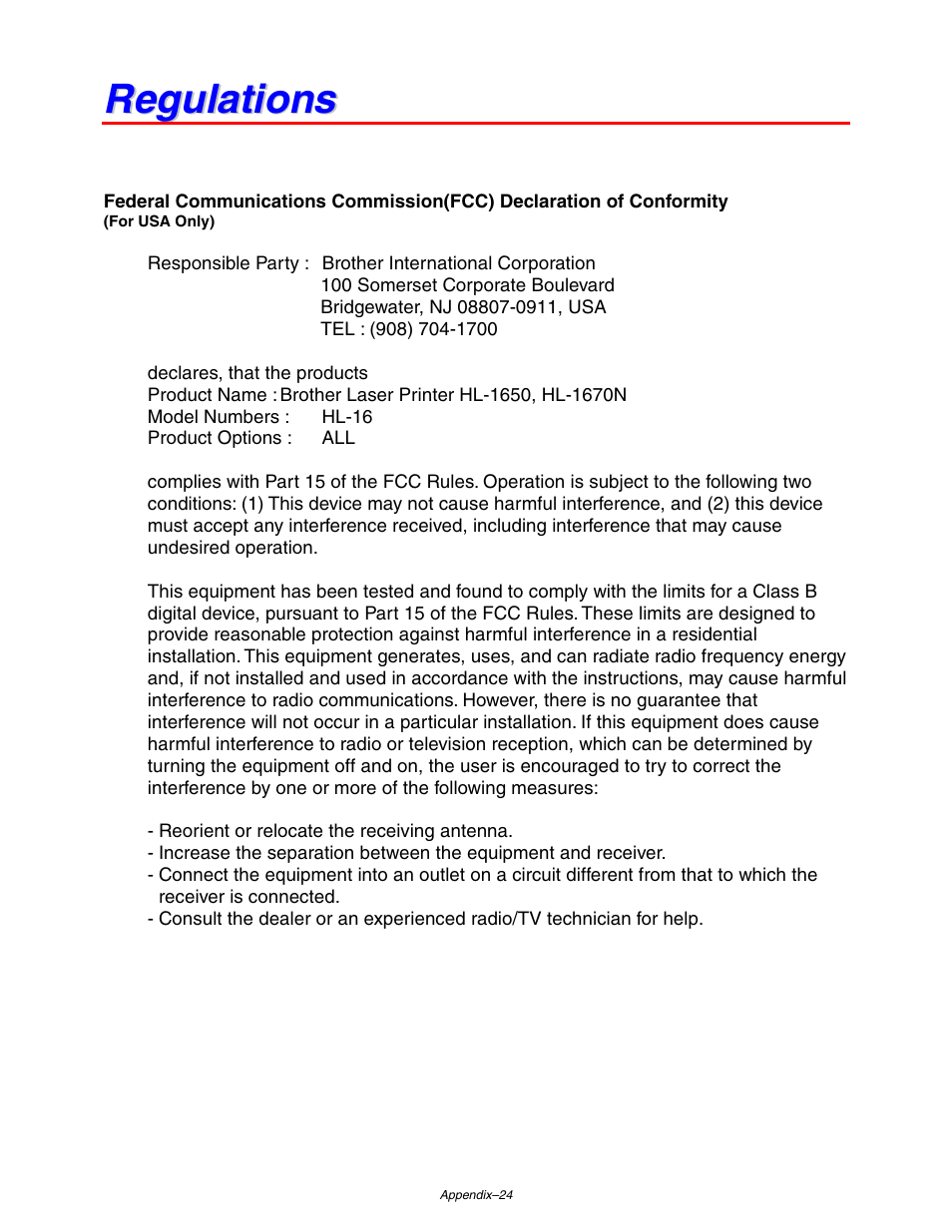 Regulations, Appendix-24 | Brother HL-1650/1670N User Manual | Page 225 / 235