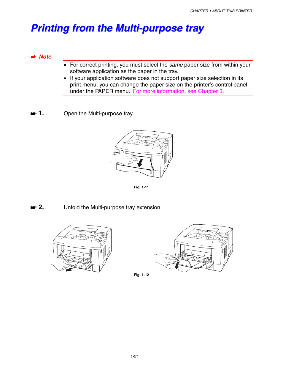 Printing from the multi-purpose tray, Printing from the multi-purpose tray -21 | Brother HL-1650/1670N User Manual | Page 31 / 235