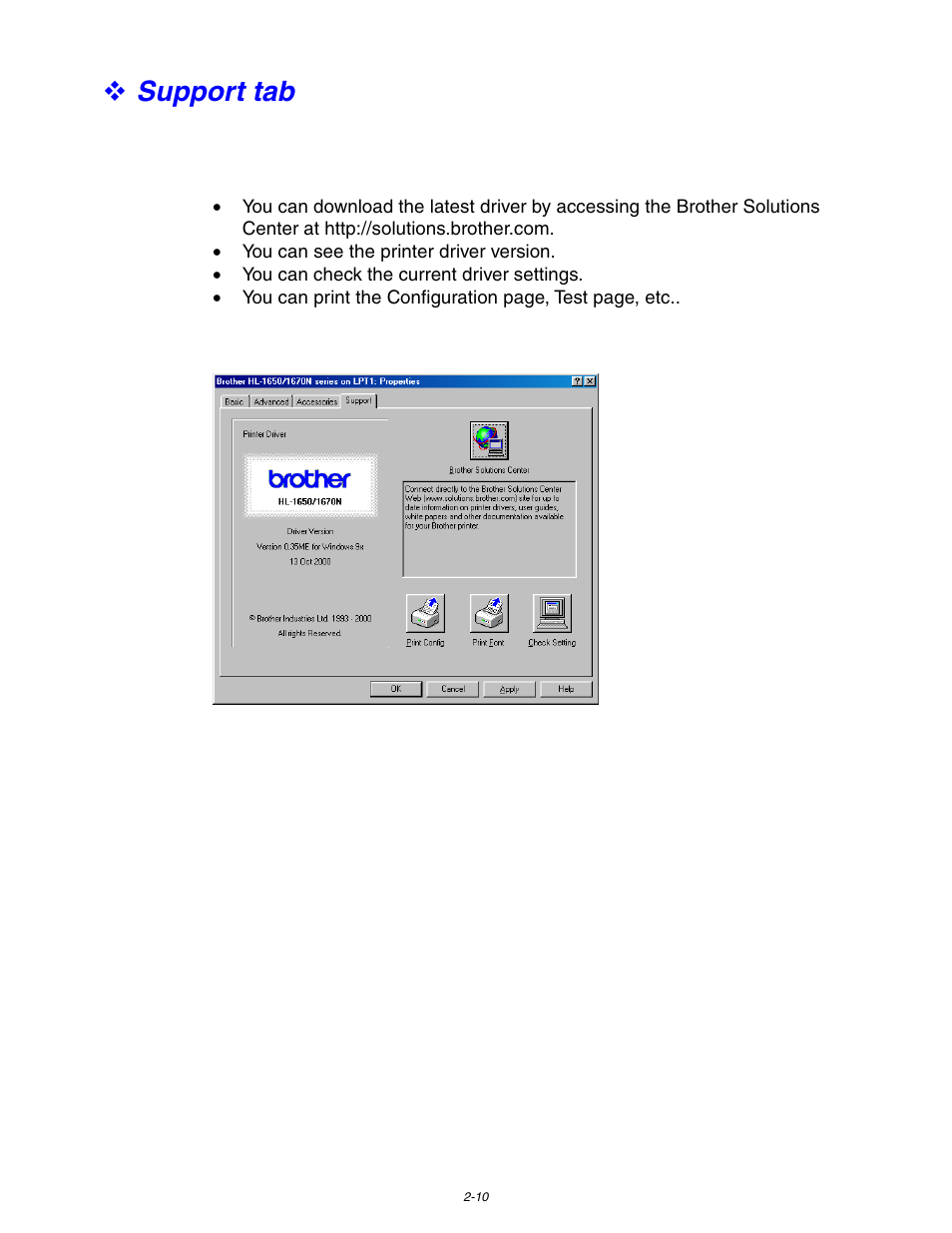 Support tab | Brother HL-1650/1670N User Manual | Page 63 / 235