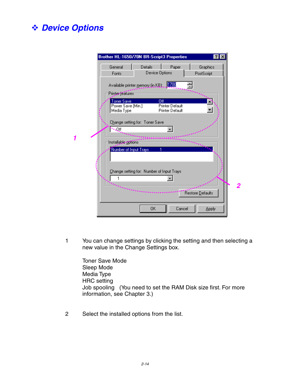 Device options | Brother HL-1650/1670N User Manual | Page 67 / 235