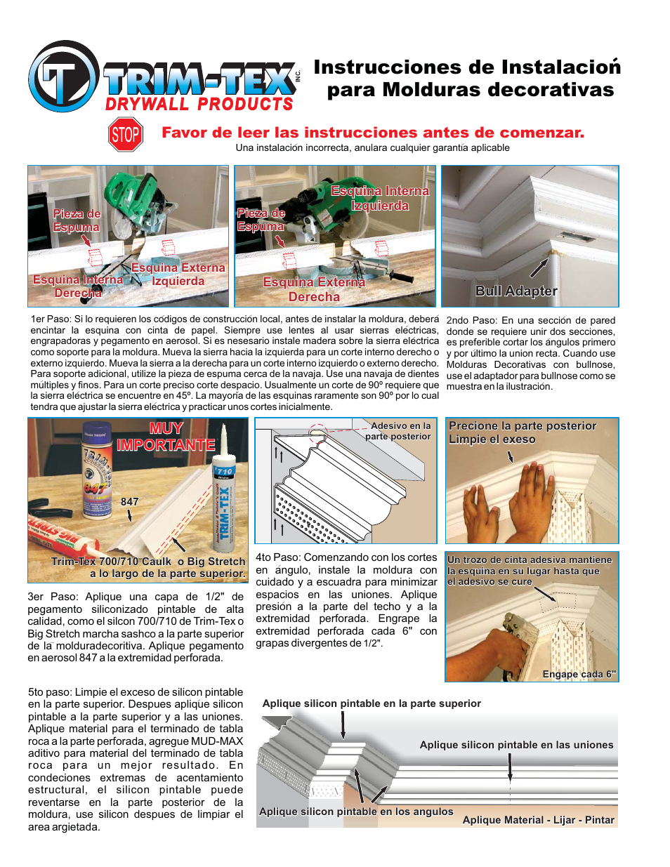 Favor de leer las instrucciones antes de comenzar, Muy importante muy importante | Trim-Tex Crown Molding User Manual | Page 2 / 2