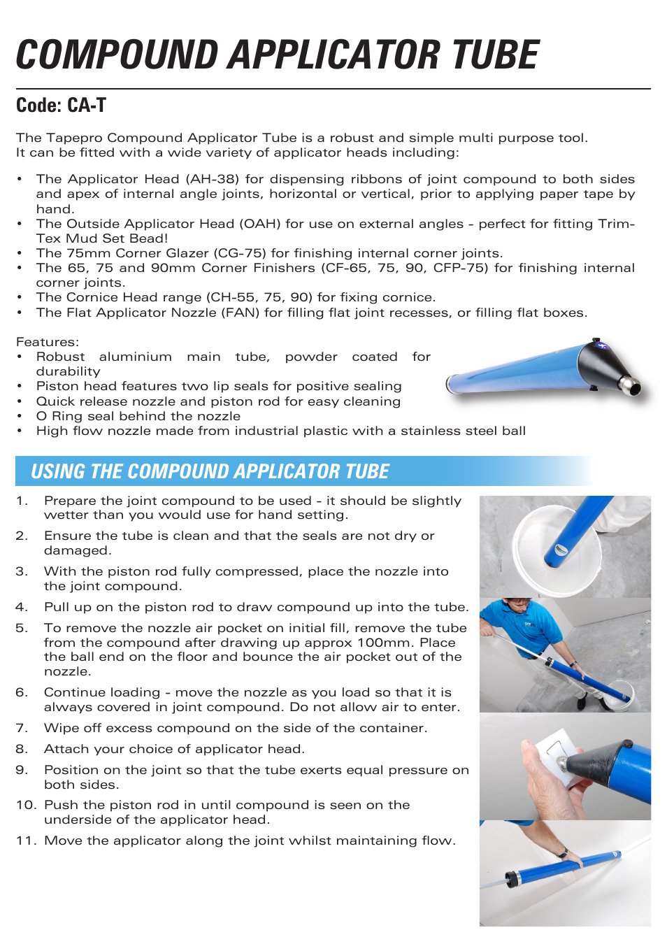 Compound applicator tube, Code: ca-t, Using the compound applicator tube | Trim-Tex Compound Tube User Manual | Page 2 / 4