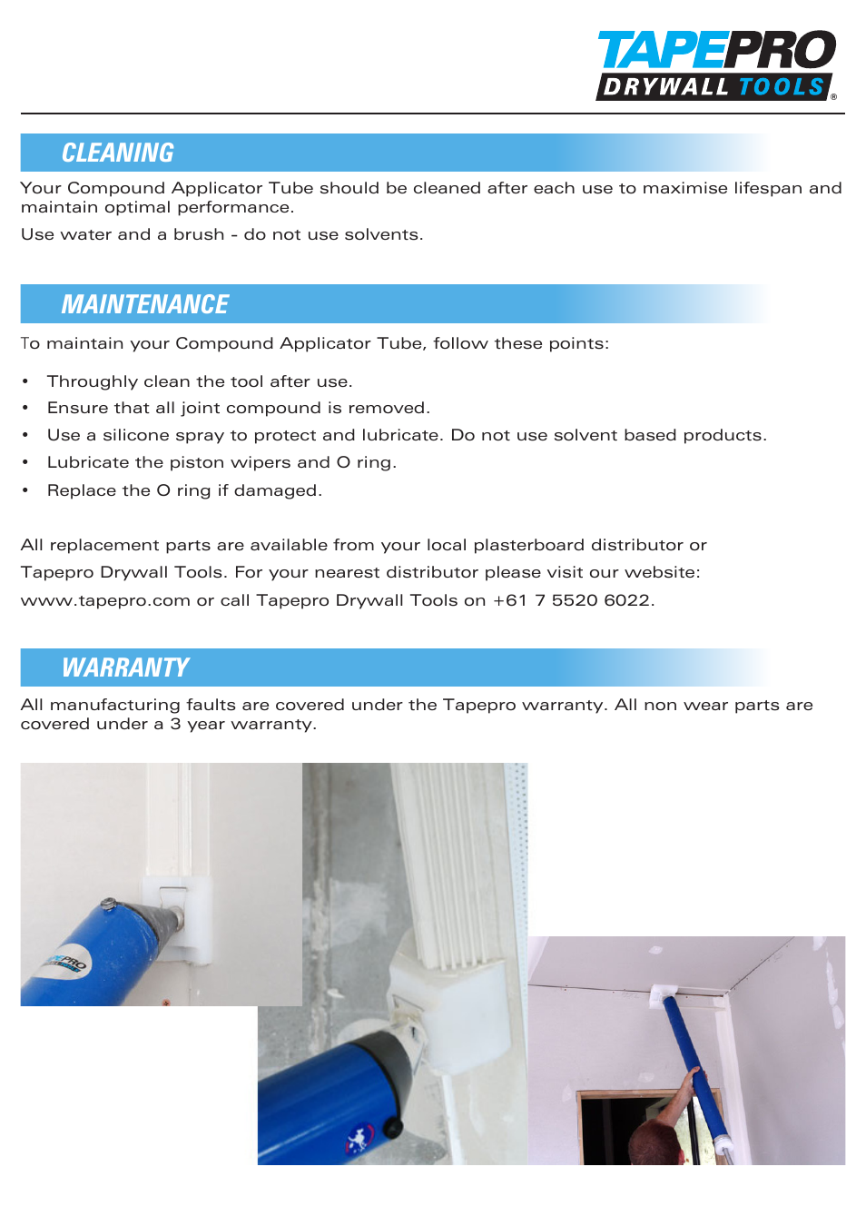 Warranty cleaning, Maintenance | Trim-Tex Compound Tube User Manual | Page 3 / 4