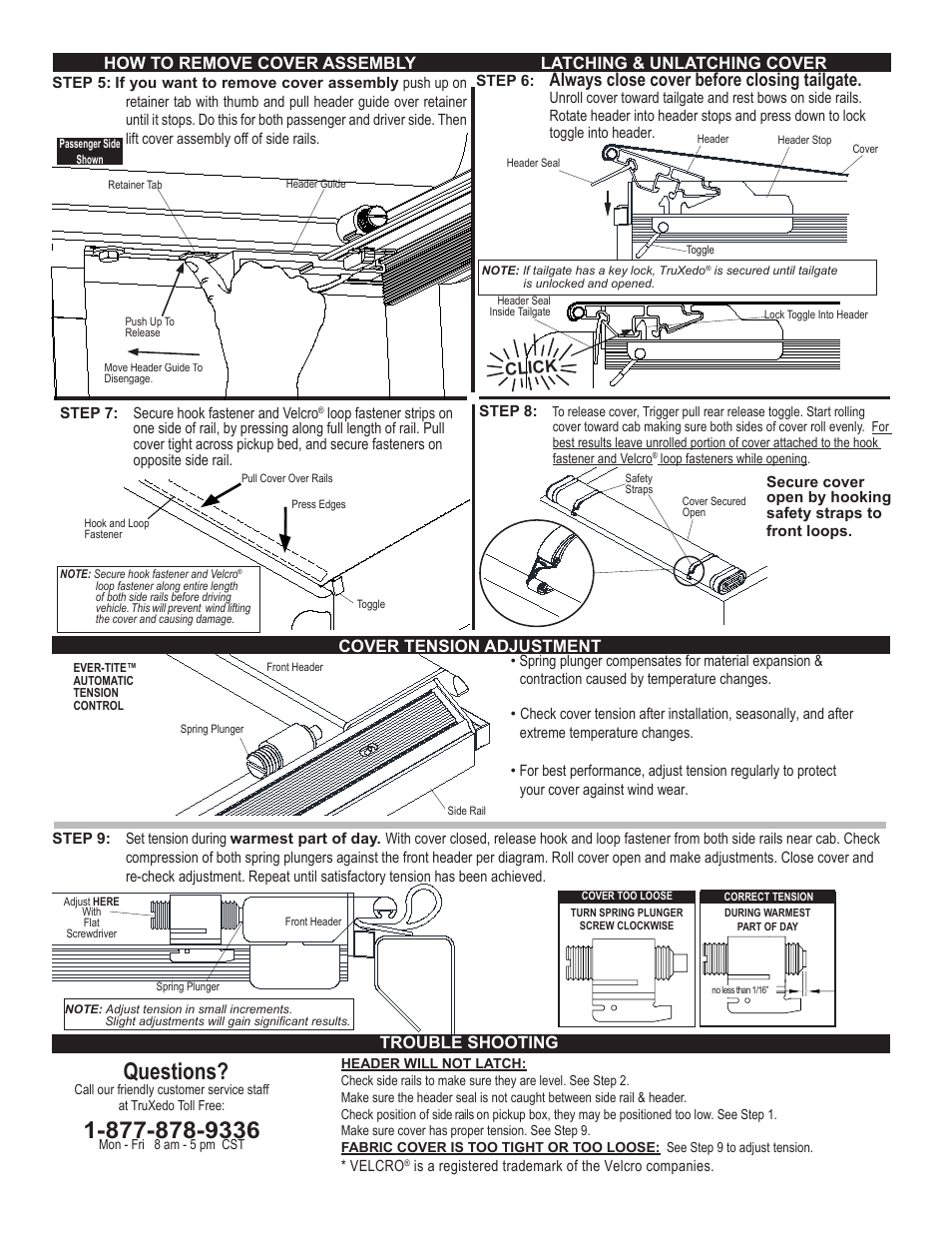 Questions, Always close cover before closing tailgate, Latching & unlatching cover | Cover tension adjustment, Trouble shooting, How to remove cover assembly, Click | TruXedo Lo Pro QT User Manual | Page 3 / 4