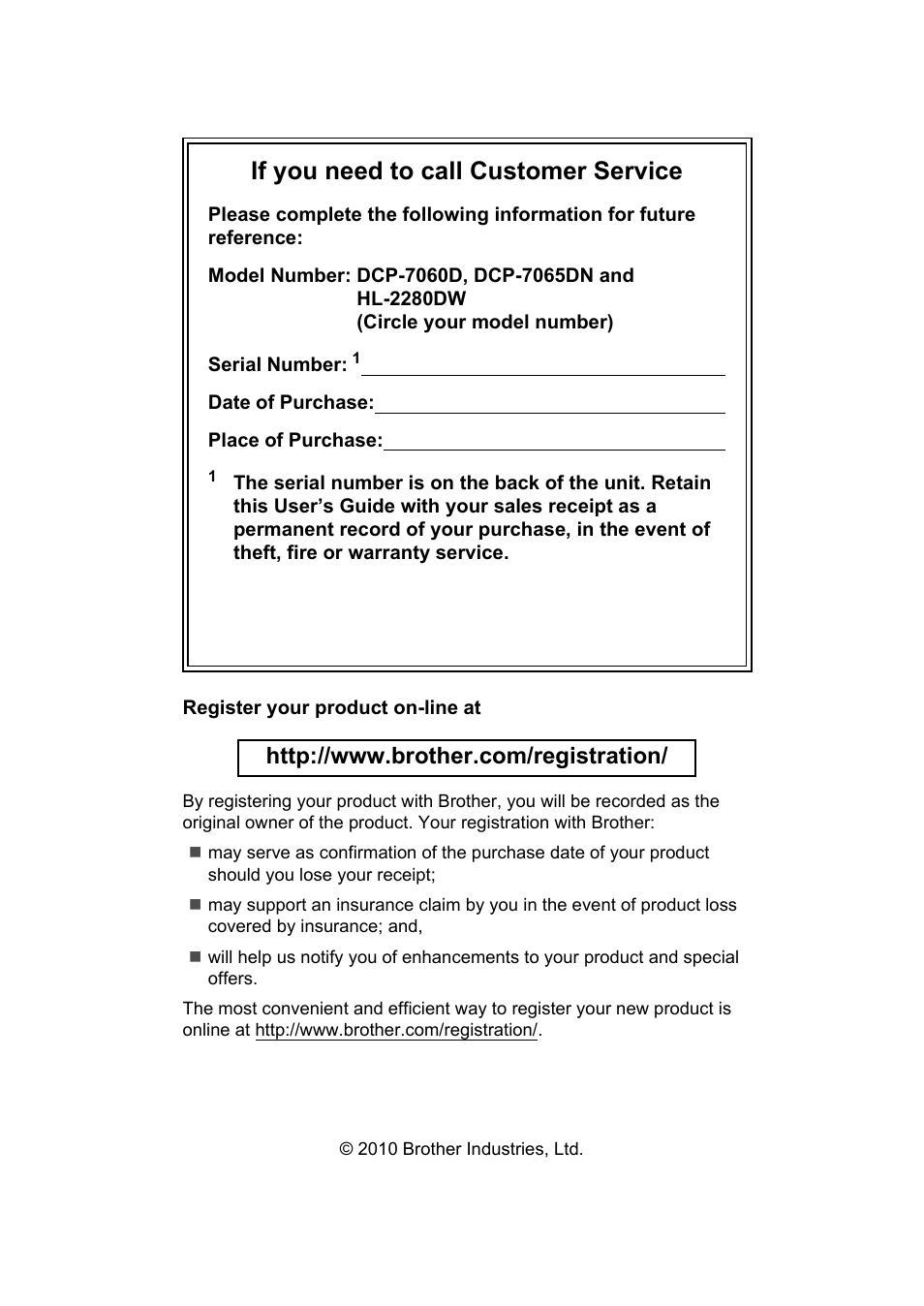 If you need to call customer service | Brother HL-2280DW User Manual | Page 2 / 112