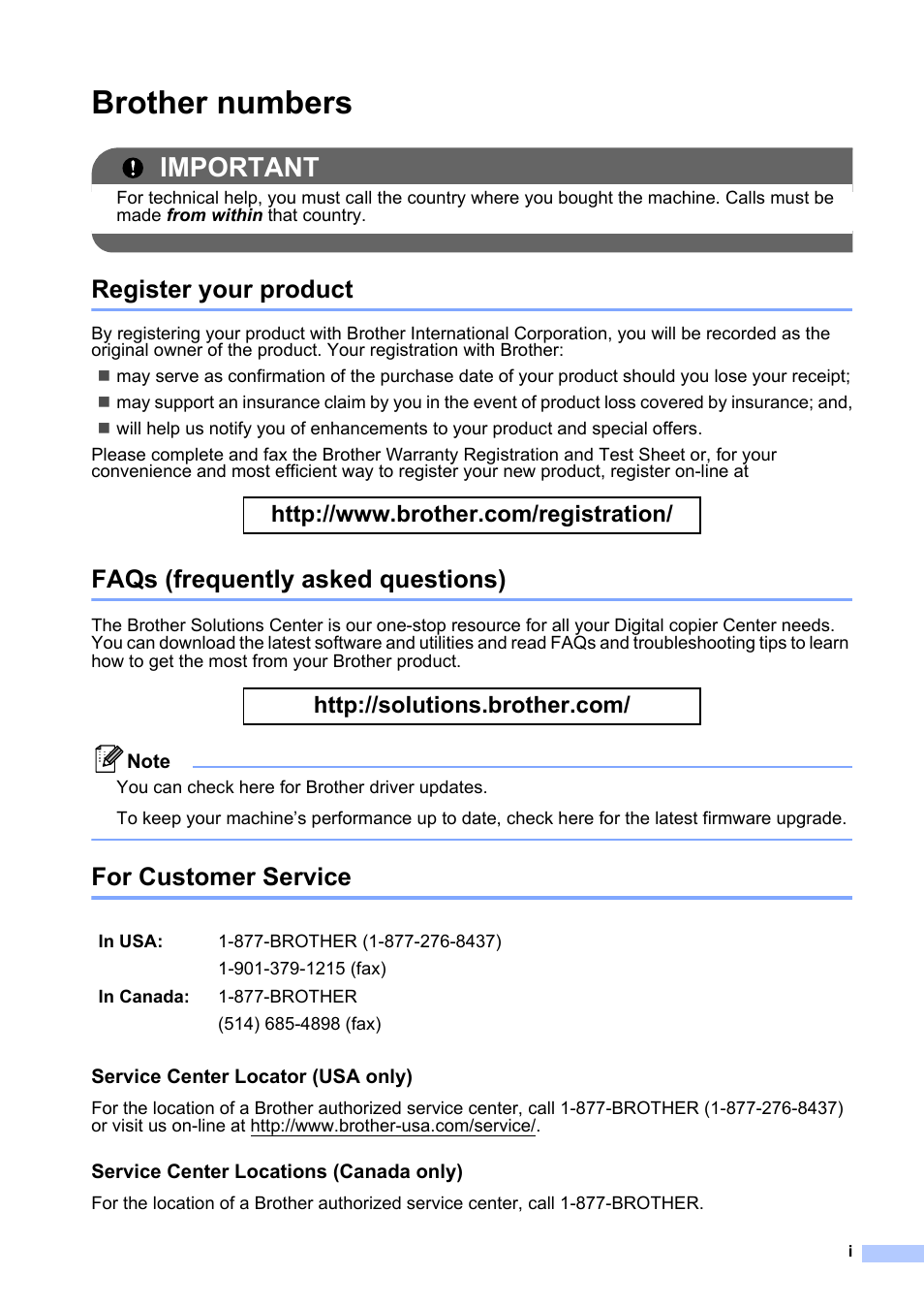 Brother numbers, Register your product, Faqs (frequently asked questions) | For customer service, Important | Brother HL-2280DW User Manual | Page 3 / 112