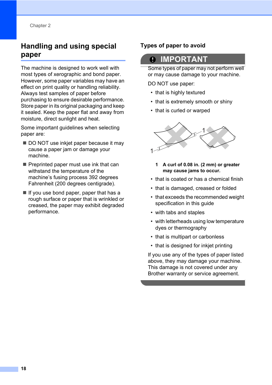 Handling and using special paper, Types of paper to avoid, Important | Brother HL-2280DW User Manual | Page 32 / 112