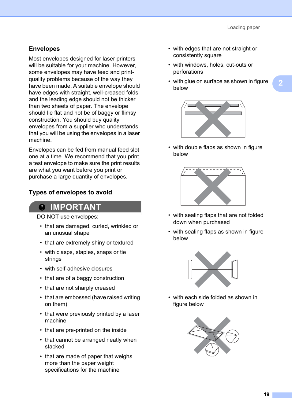 Envelopes, Types of envelopes to avoid, Important | Brother HL-2280DW User Manual | Page 33 / 112