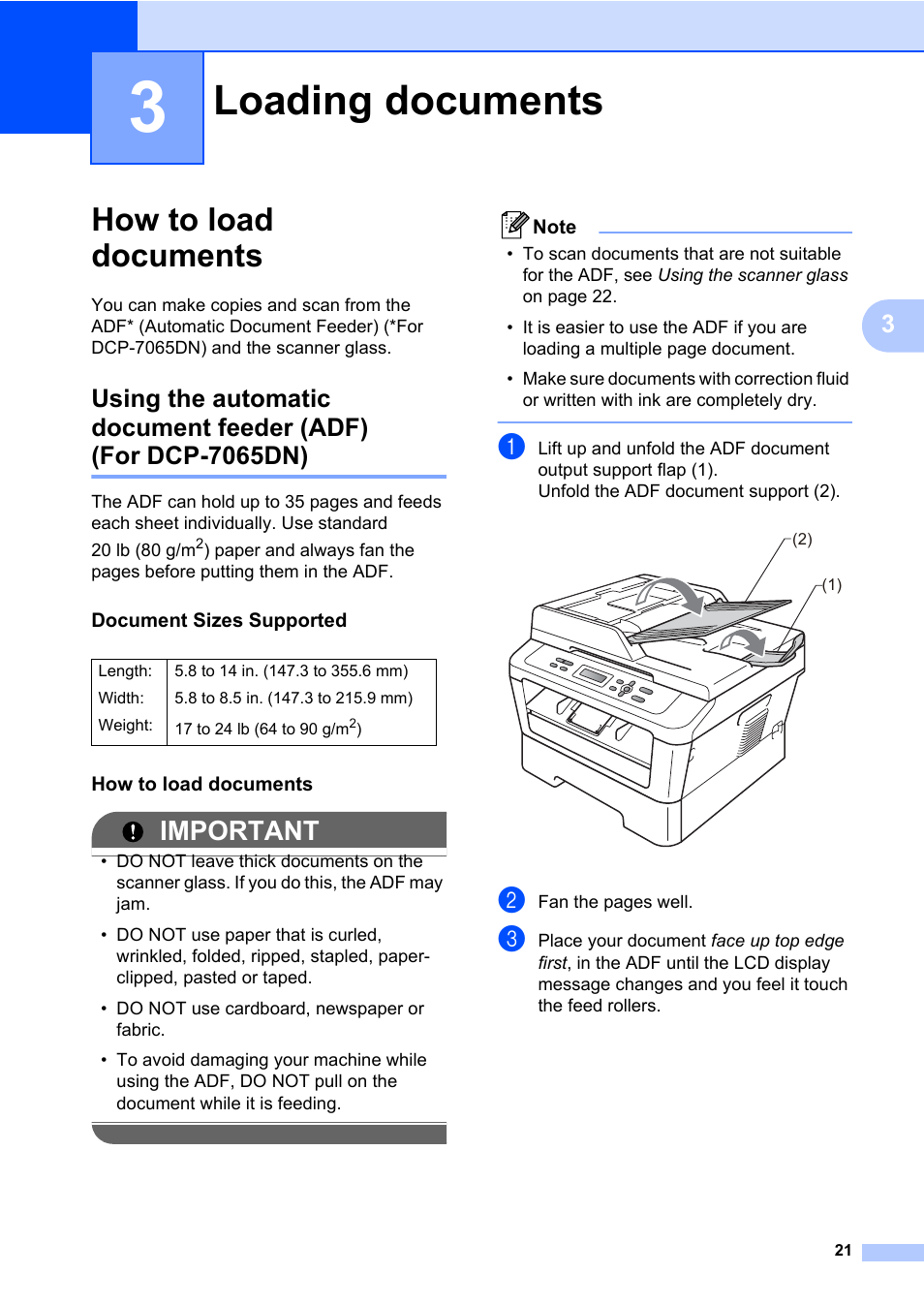 3 loading documents, How to load documents, Document sizes supported | Loading documents, Important | Brother HL-2280DW User Manual | Page 35 / 112