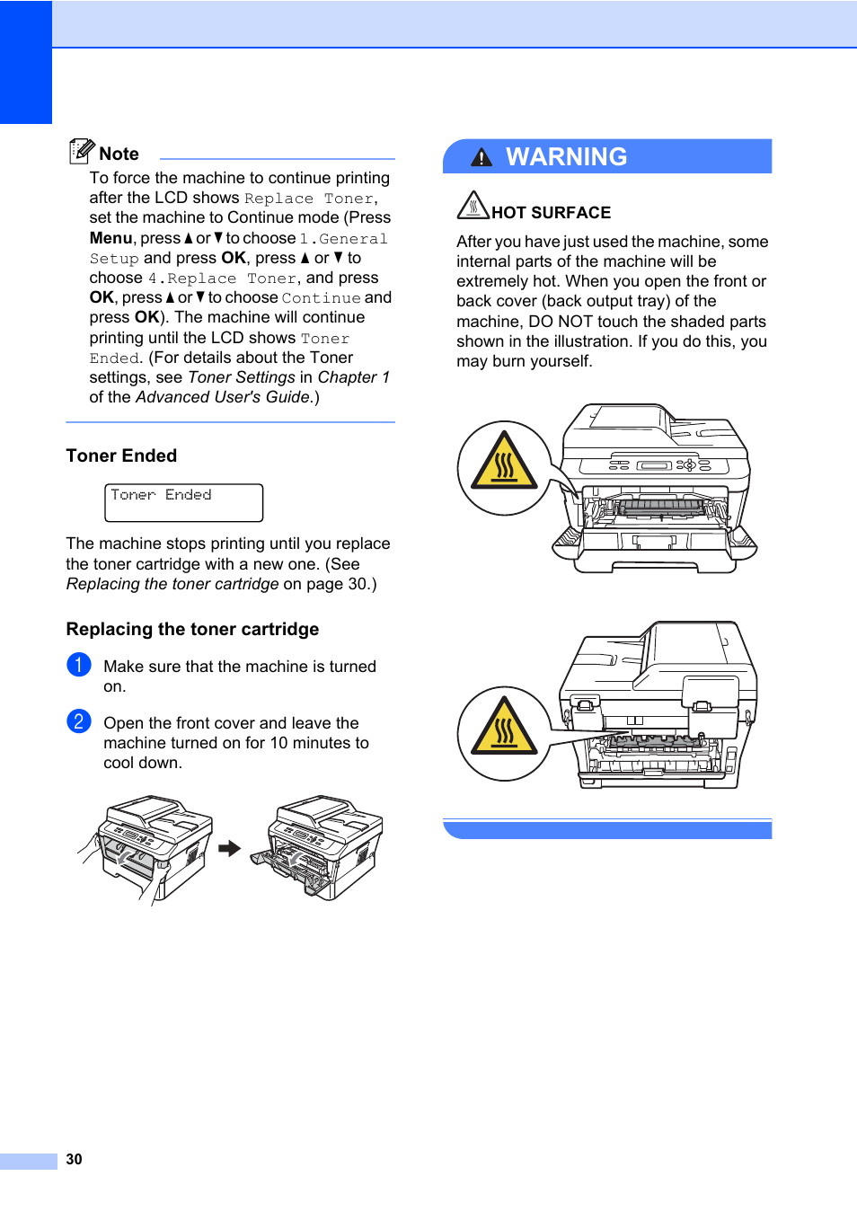 Toner ended, Replacing the toner cartridge, Warning | Make sure that the machine is turned on | Brother HL-2280DW User Manual | Page 44 / 112