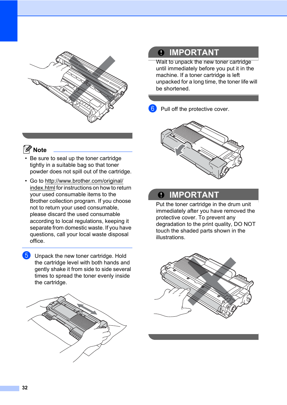Important, Pull off the protective cover | Brother HL-2280DW User Manual | Page 46 / 112